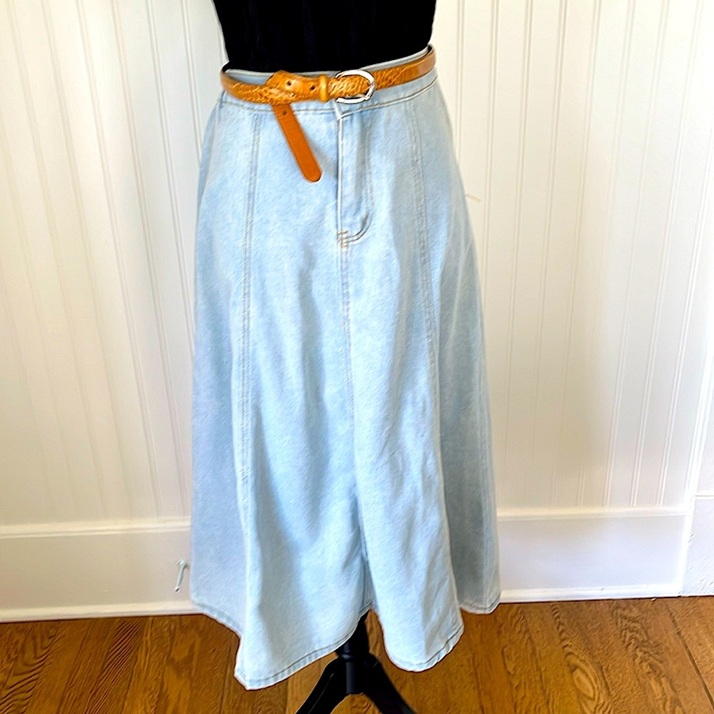Denim Panel Style Midi Skirt Acid Wash Light Blue Zip Front Elastic Waist NWOT